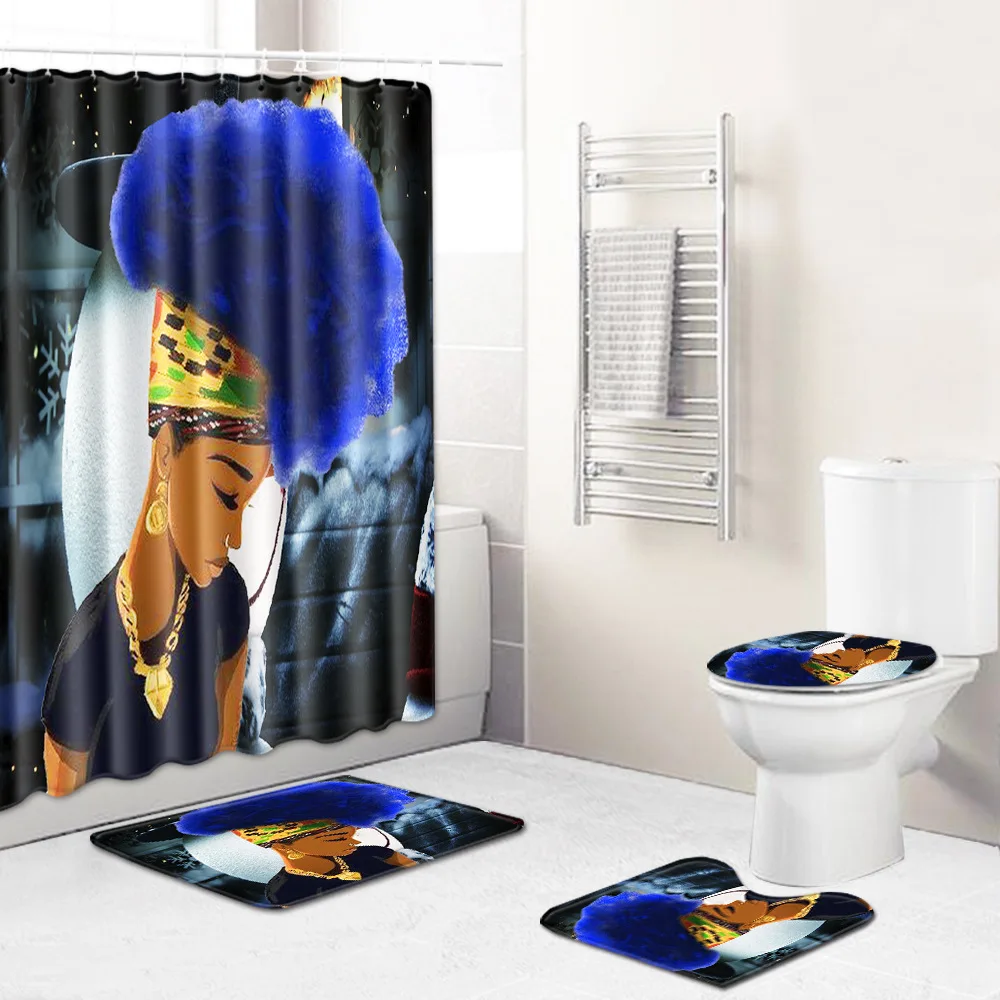 Fashion African Woman Pattern Polyester Shower Curtain Set Non Slip Rugs Carpet for Bathroom Toilet Flannel Bath Mat