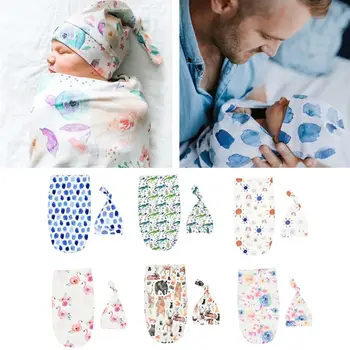

Newborn Photography Prop Baby Blankets Printed Newborn Infant Baby Boys Girls Sleeping Swaddle Muslin Wrap +Hat 2PCS