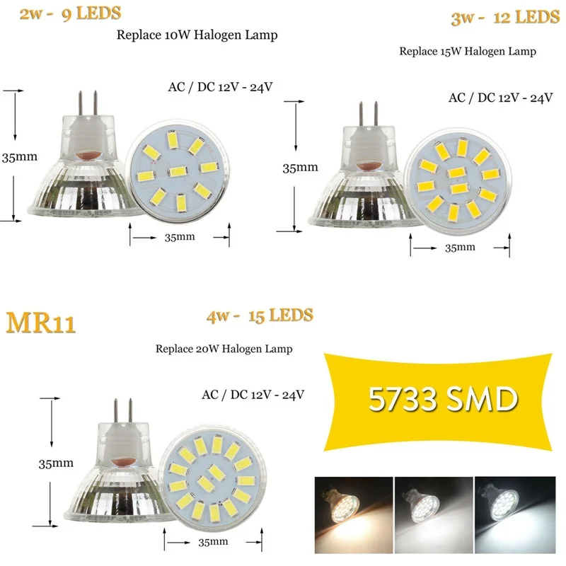 5733 SMD MR11 Светодиодный точечный светильник 2 Вт 3 Вт 4 Вт 12-24 В 5733 2835 SMD 10 Вт 20 Вт эквивалентная лампа 35 мм Светодиодный точечный светильник Домашний Светильник - Испускаемый цвет: 5733 SMD