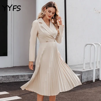 

Suit Dress Elegant pleated women office Solid breasted ladies blazer dress Autumn winter long sleeve chic female party dresses
