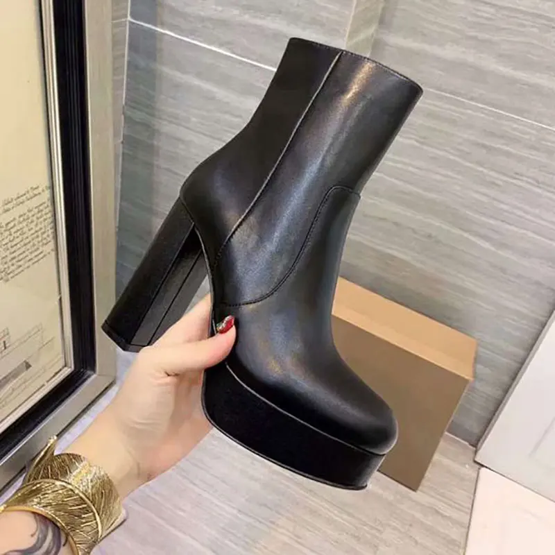 

2019 New Fashion Spring/Autumn Genuine Leather Super High-heeled 12cm Round Toe Women Boots Luxury Shoes Women Designers
