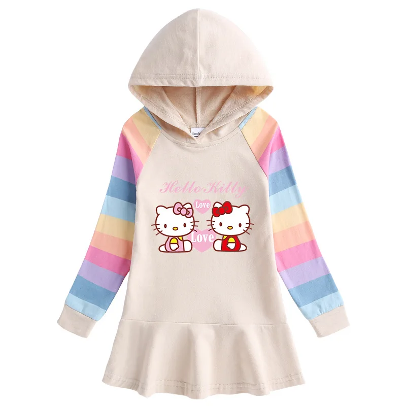 Hello Kitty primavera y otoño nuevo algodón dibujos animados Arco Iris niñas vestido de manga larga con capucha suéter vestido de princesa