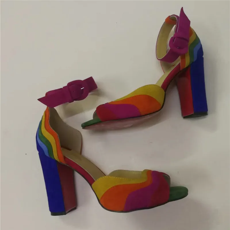 Colorful 1 Цветные босоножки; женские пикантные тонкие закрытые туфли для вечеринки с открытым носком; прогулочная обувь на не сужающемся книзу массивном квадратном высоком каблуке; радужные сандалии - Цвет: Colorful 1