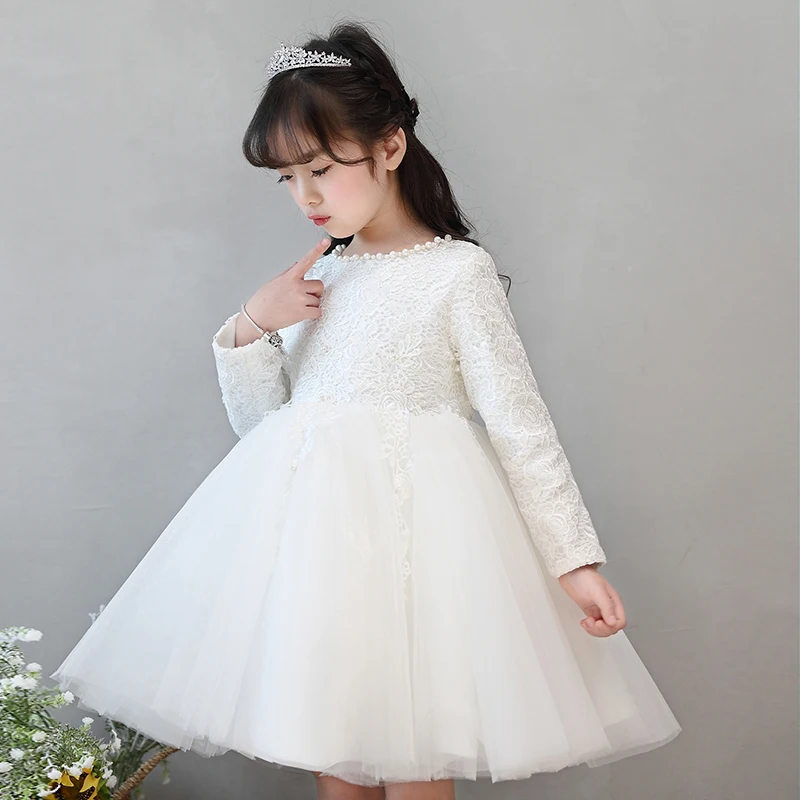 White Lace Newborn Baby Girl 1 Year Birthday Dress Beads Tulle Toddler Girl Christening Dress Infant Princess Party Outfit