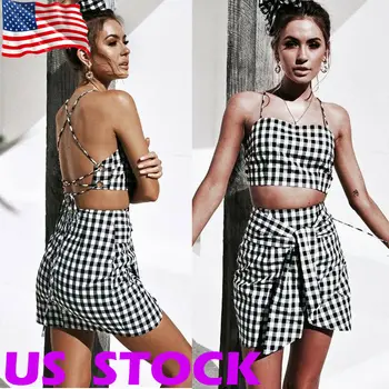 

Hot Fashion Style Summer Beach Women Evening Cocktail Short Bandage Dress Skirt Crop Top Plaid Two Piece Outfit Set