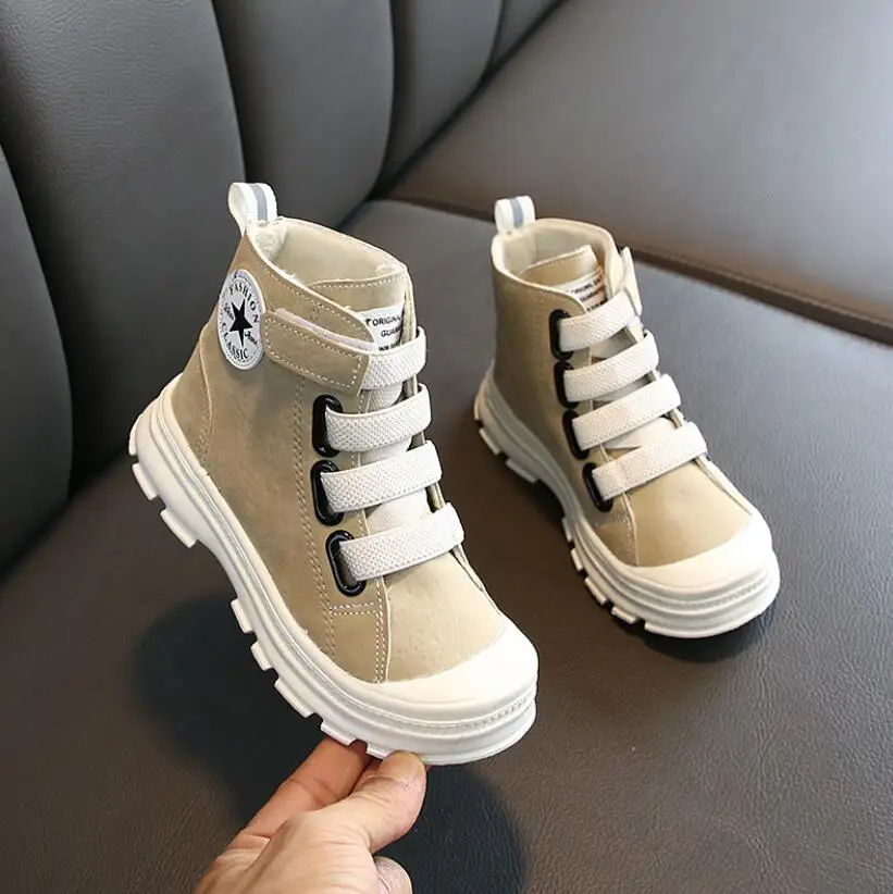 Martin Boots Kids Winter Leather Plush Snow Boots For Girls Boys Casual Walking Leisure Outdoor Ankle Toddlers Shoes Short Boots - Цвет: Beige