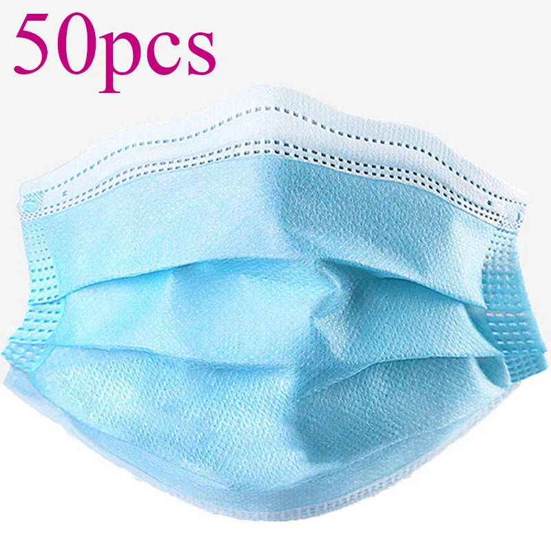 

50pcs Hygiene Face Mouth Masks 3 Layer Flu Non Woven Disposable Anti-Dust Flu Meltblown Cloth Masks Earloops Filter Safety Masks