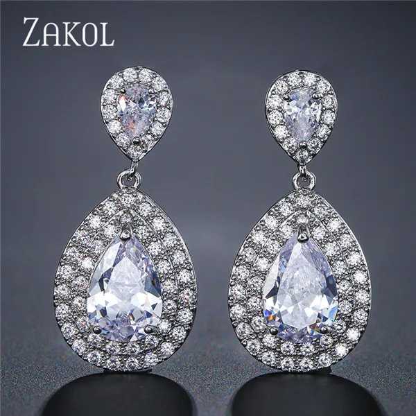 White Color ZAKOL, блестящие длинные серьги в форме капли воды с кубическим цирконием, большие CZ свадебные серьги с кристаллами для невест, модные ювелирные изделия Brinco - Окраска металла: White Color