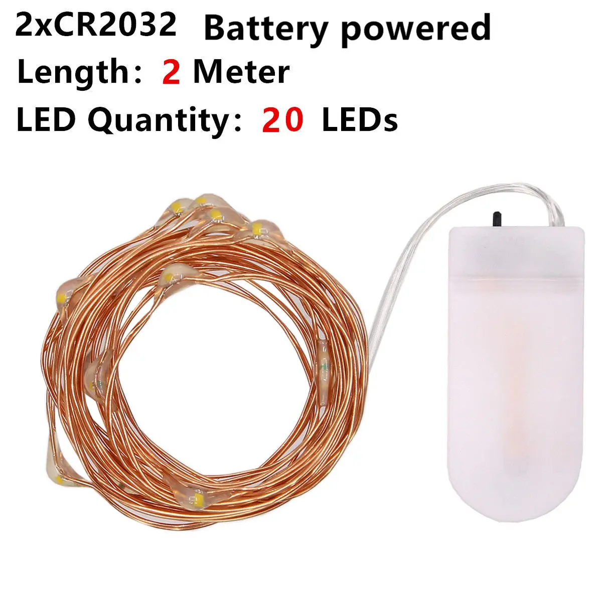 2M CR2032 by Battery Светодиодный Сказочный светильник, гирлянда на батарейках, медный провод, водонепроницаемый, для наружного украшения на Рождество - Испускаемый цвет: 2M CR2032 by Battery