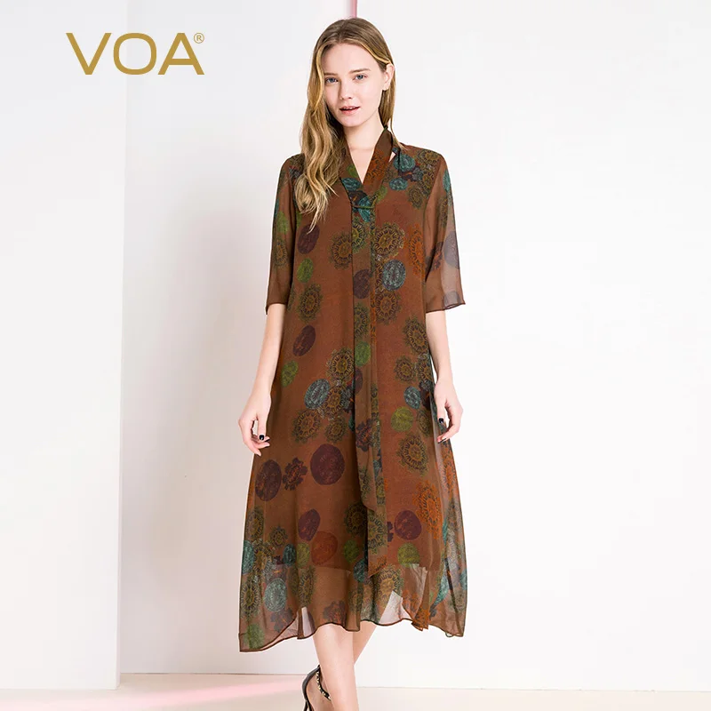 VOA earthy double-layer elegant silk V-neck mid-sleeve loose waist European version unlimited body dress AJ291 | Женская одежда