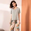 2022 Summer New Women V-Neck Leaves Printed Pajamas Set Ladies Comfort Simple Style Sleepwear Loose Soft Casual Wear Homewear ► Photo 2/5