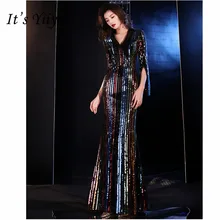 Это Yiiya вечернее платье, элегантное женское вечернее платье с v-образным вырезом и рукавом до локтя, платье в пол с блестками E810