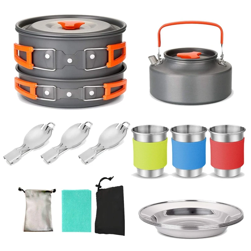 

ABUO-1 Set Camping Cookware Mess Kit Large Size Hanging Pot Pan Kettle Cups Dishes Forks Spoons Kit for Outdoor Camping Hiking a