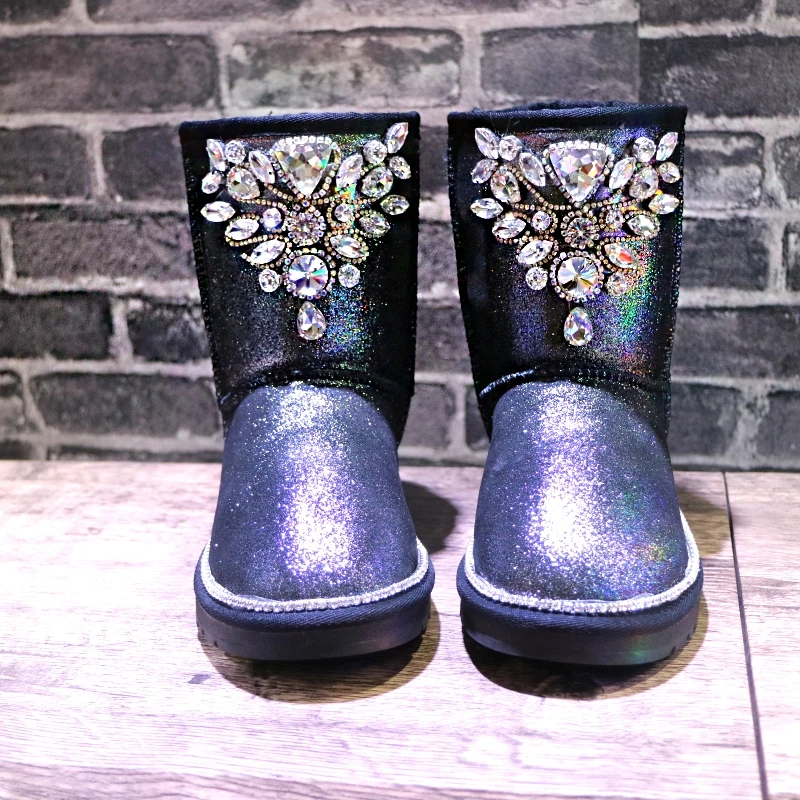 Genuine Leather Boots Women Warm Winter Boots Bling Fashion Rhinestones Mid-Calf Snowboots Thick Plush Winter Shoes Ladies Shoes