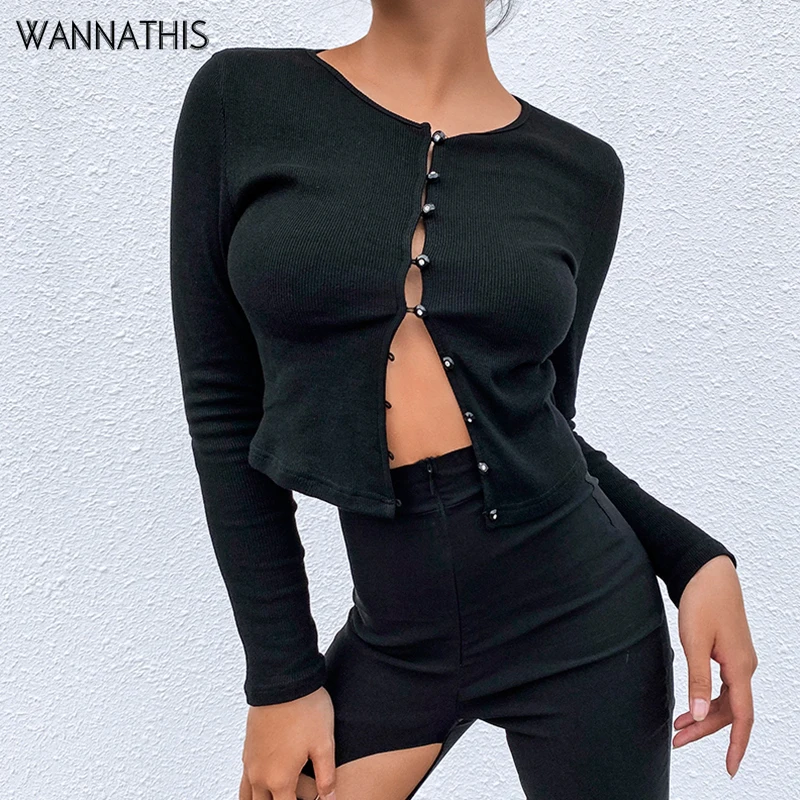 WannaThis, черный, длинный рукав, кардиган, женский, укороченный, передняя пуговица, сексуальный, весна, осень, новинка, Круглый ворот, тонкий, Сплит, эластичная, женская рубашка