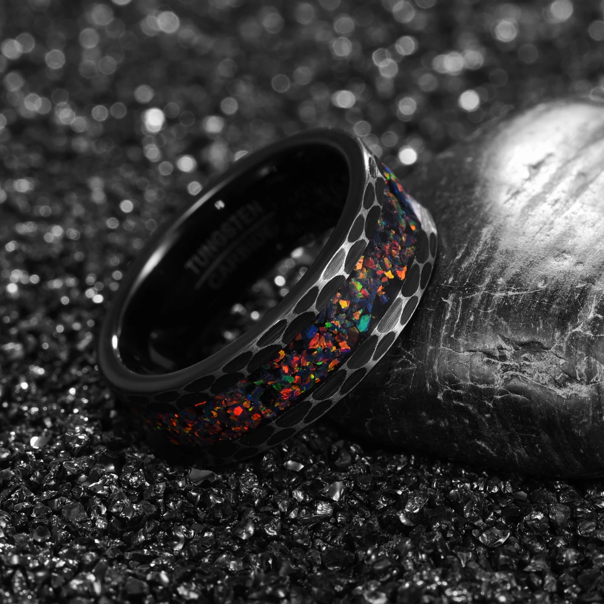 Edge Batch Flower Brushed Inlaid Opal Men's Tungsten Carbide Ring Black Carbon Bague Homme for Mariage Wedding Jewelry
