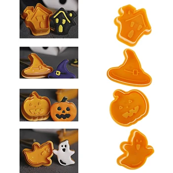 

4pcs Halloween Pumpkin Ghost Theme Plastic Cookie Cutter Plunger Fondant Sugarcraft Chocolate Mold Cake Decorating Tools