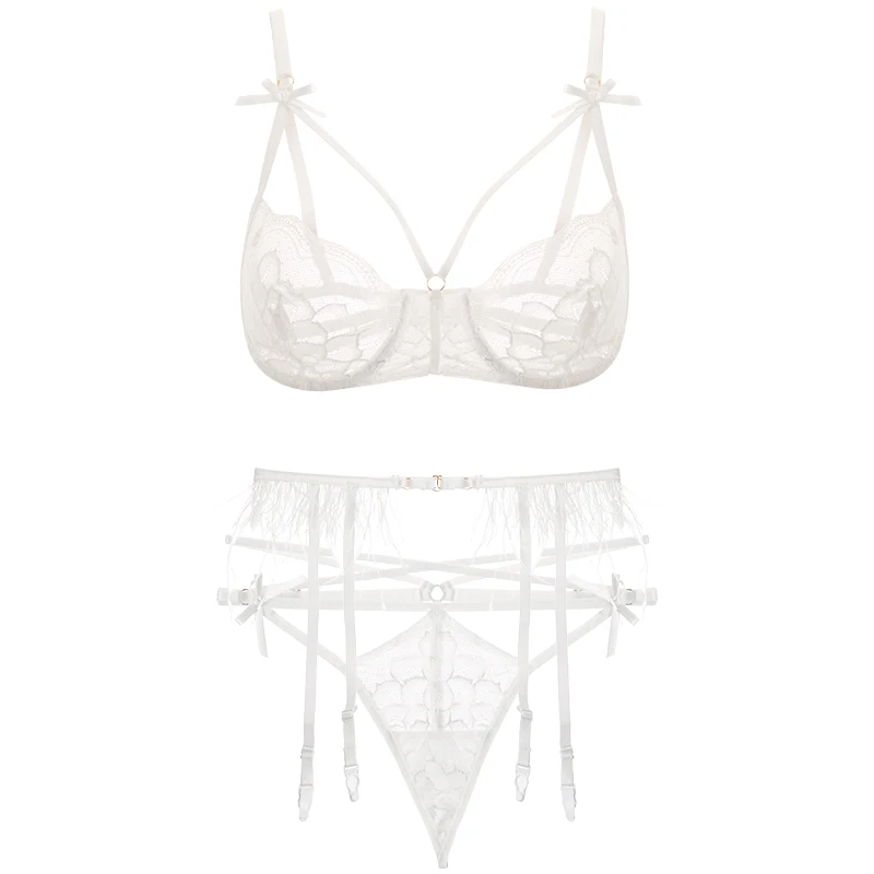 Ultra Thin Lace Bra and Panty Set Transparent Temptation Hollow Sexy Lingerie Women's Feather Bra G-string Panty Set Nightwear