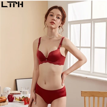 

LTPH 2020 Summer new arrival Bow Glossy lingerie set sexy thick Push Up alluring Wire Free Convertible Straps Solid color bra