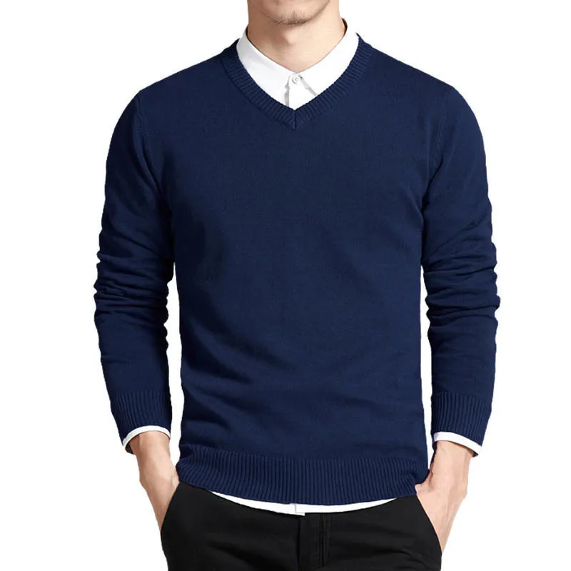 

2019 Men's High Quality Cotton Sweater Long Sleeve Pullovers Outwear Man V-neck Sweaters Tops Loose Solid Fit Knitting Clothing