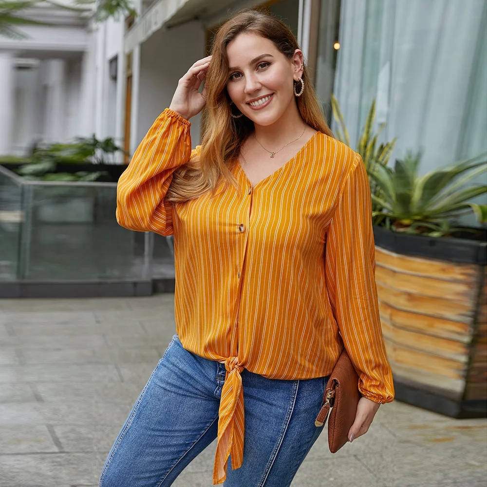

2020 New Plus Size Women's Clothes Retro Striped Fashion Long Sleeve V-neck Bow Tie Spring Summer Casual Top Shirt Oversized 4XL