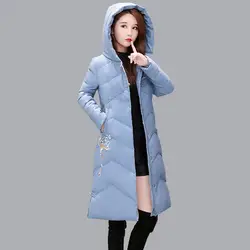 Зимние Хлопковые женские пальто 2019 осень и зима новая теплая верхняя одежда с капюшоном синие женские парки с вышивкой