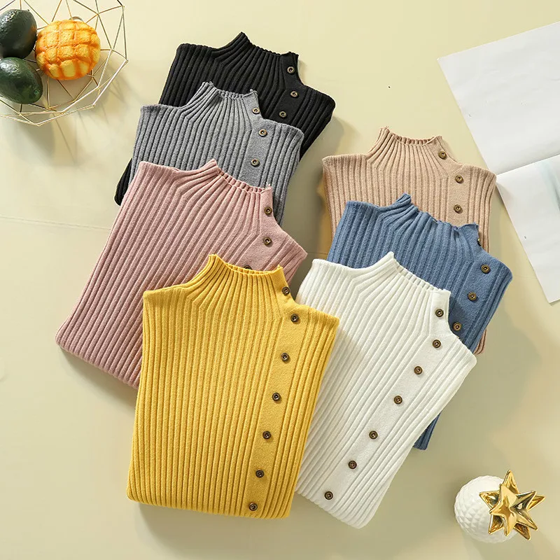 

Button Knitting Women Sweaters And Pullovers Solid Color Turtleneck Slim Casual Ladies High Elastic Knitted Sweaters Pull Femme