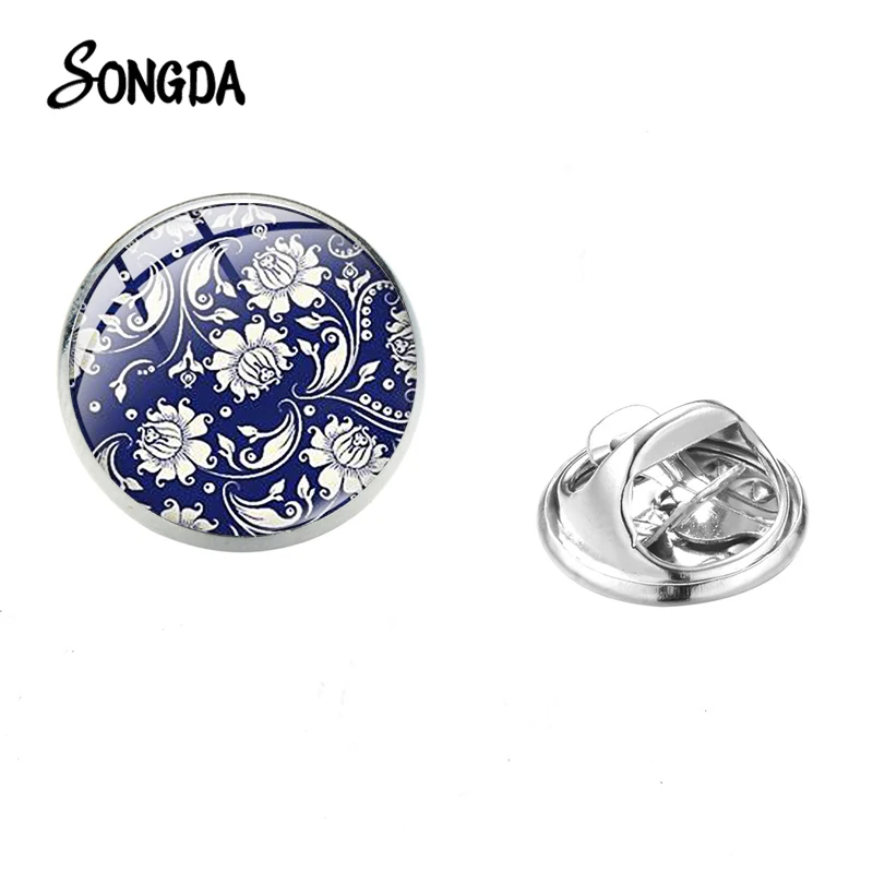 Dark Color Traditional Floral Pattern Brooch Badge High Grade Blue And White Porcelain Design Glass Pin for Women Banquet | Украшения и