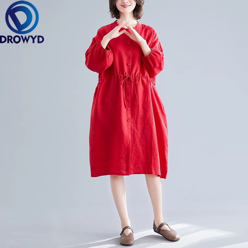 

Plue Size Red O-neck Midi Dress for Women Autumn Casual Boho Loose Long-sleeved Cotton Dress Elegant Club Party Dresses Vestidos