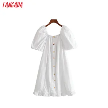 

Tangada fashion women solid white cotton dress puff short sleeve loose ladies ruffles buttons mini dress vestidos 3H603