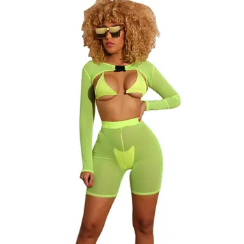 

4 Piece Swimsuit Women Micro Bikini Set Beach Cover Up See Through Mesh Crop Top and Shorts Swimwear Brazilian Bathers Biquini