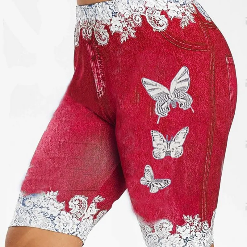 Summer vintage shorts women femme loose Shorts Women Fashion Lace Patchwork Butterfly Print Shorts Sports Minipants Hot sports shorts running shorts workout shorts seamless shorts