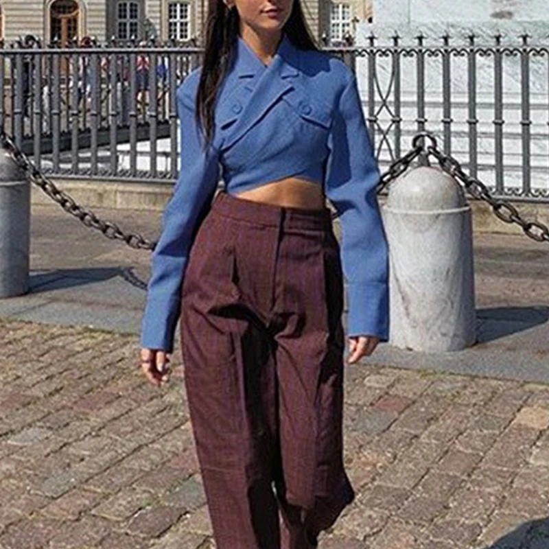 Misswim Elegant long sleeve crop top Blazer coat women Autumn buttons blazer female Cross strap fashion outwear Streetwear new