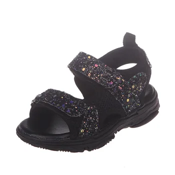 Zapatos de cuero de moda para niños, Sandalias con purpurina para niñas y niños, Sandalias para niños con estilo, zapatos planos de lazo deslizantes