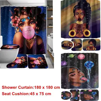 

NEW African American Women Shower Curtain Afro Africa Girl Queen Princess Bath Curtains with Rugs Toilet Seat Cover Set