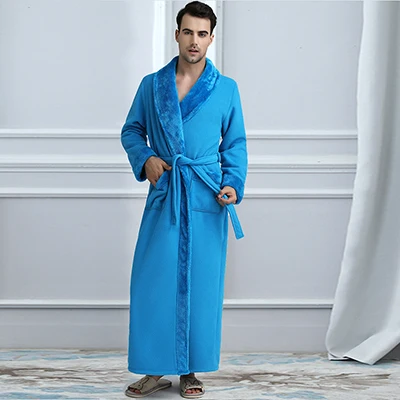 Зимний удлиненный теплый фланелевый банный халат для мужчин и женщин, роскошный термо халат, мужской халат с мягкой сеткой и мехом, мужские халаты - Цвет: Men Fur Light Blue
