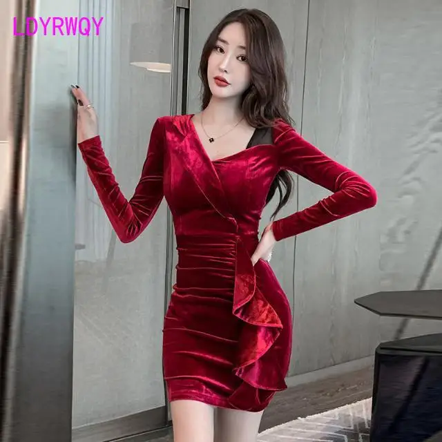 

2021 wine red dress ruffled mesh stitching V-neck long-sleeved bag hip female COTTON Zippers