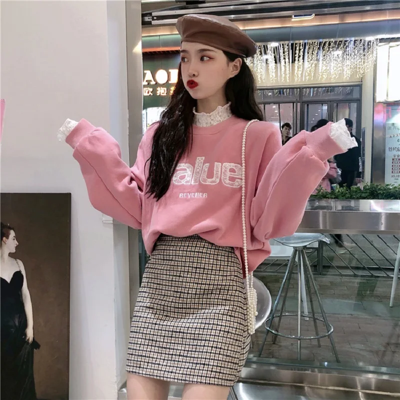 Осенняя новая Толстовка Женская Корейская ins Harajuku шикарная кружевная кромка поддельные два плюс бархат толстый с длинными рукавами Повседневная Женская толстовка