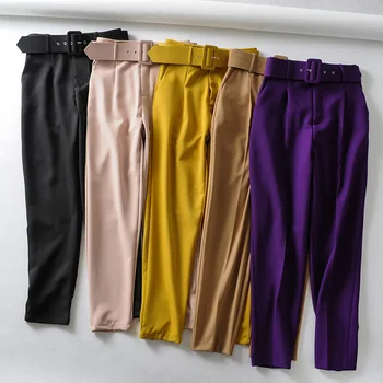 

Women elegant black pants sashes pockets zipper fly solid ladies streetwear 2019 casual chic trousers pantalones