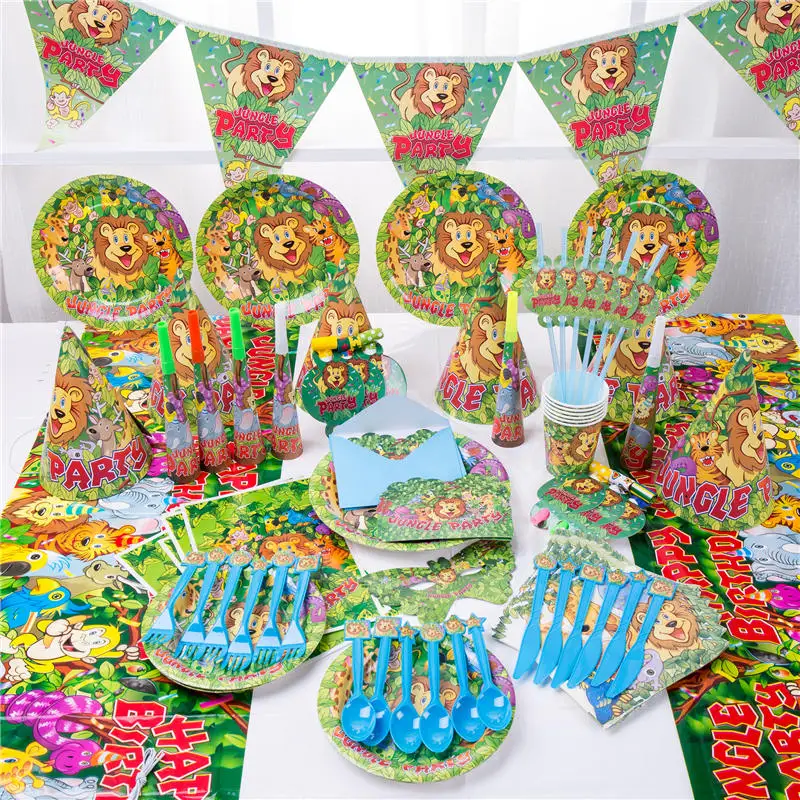 

Jungle Lion Zoo Theme Party Supplies Boys Birthday Paper Cups Plates Straws Banner Baby Shower Decorations Balloons Kids Toy