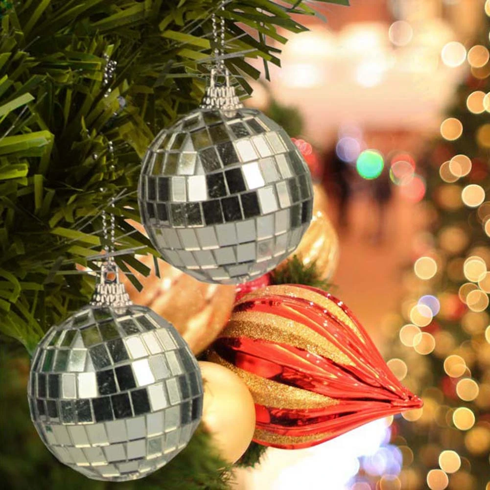 2pcs 10cm Silver Mirror Disco Ball for Christmas Tree Decoration Drop Ornament Hanging Pendant Ball Festival Party Supplies