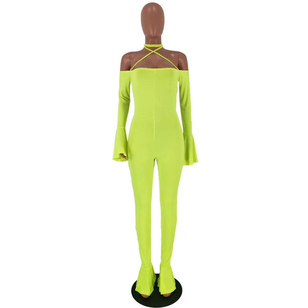 GL Women Winter Playsuit Jumpsuit Full Flare Sleeve Slash Neck Bandage Strap Sexy Backless Night Romper Party outfits HY5105