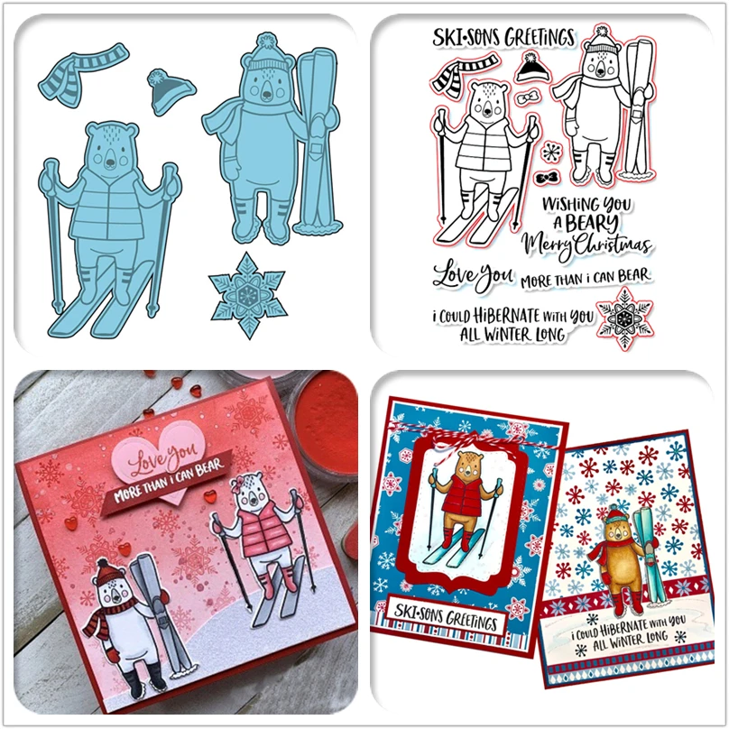

Christmas Little Bear Skiing Winter Clothing Ski Board Greetings Metal Cutting Dies and Stamps Diy Scrapbooking Card Stencil