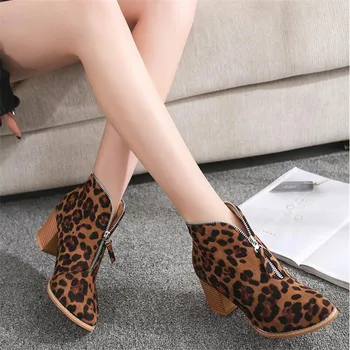 

2019 New Designer Women Boots Sexy Leopard Square High Heels Ankle Rubber Booties Female Botines Botas Mujer Plus Size