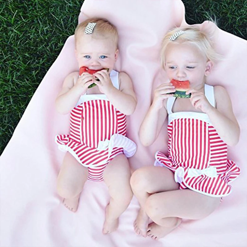 Baby Girl New Design Swimsuit Children Red&ampWhite Striped Bow Kid Vacation One-piece Cute Fashion Swimwear Bathing Suit | Мать и