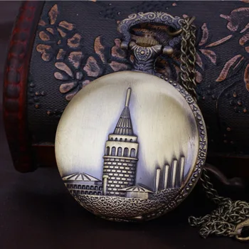 대형 도시 건물 레트로 포켓 시계 청동 빈티지 보석 테이블