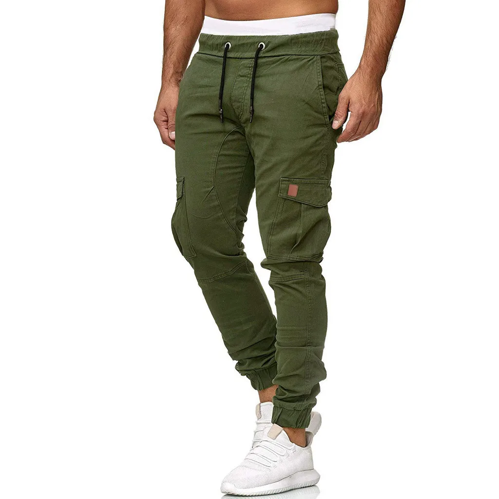 Мужские спортивные брюки Слаксы повседневные брюки эластичные Джеггинсы спортивные однотонные мешковатые с карманами брюки Модные Мульти-карманные хип поп-брюки#45 - Цвет: Army Green