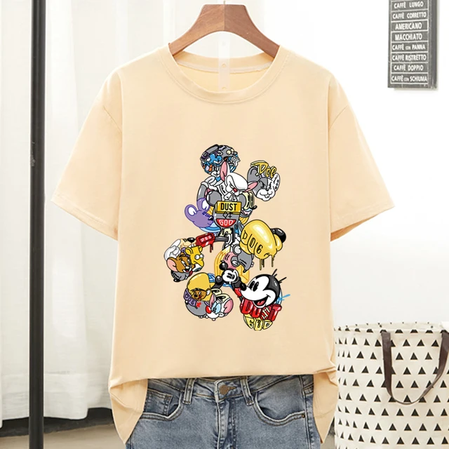 Disney Colorful Mickey Mouse T Shirt Women 2021 Summer Tshirt Graphic Tee Cool Women T-shirt Female Tee Shirt 90s Aesthetic Tops apricot