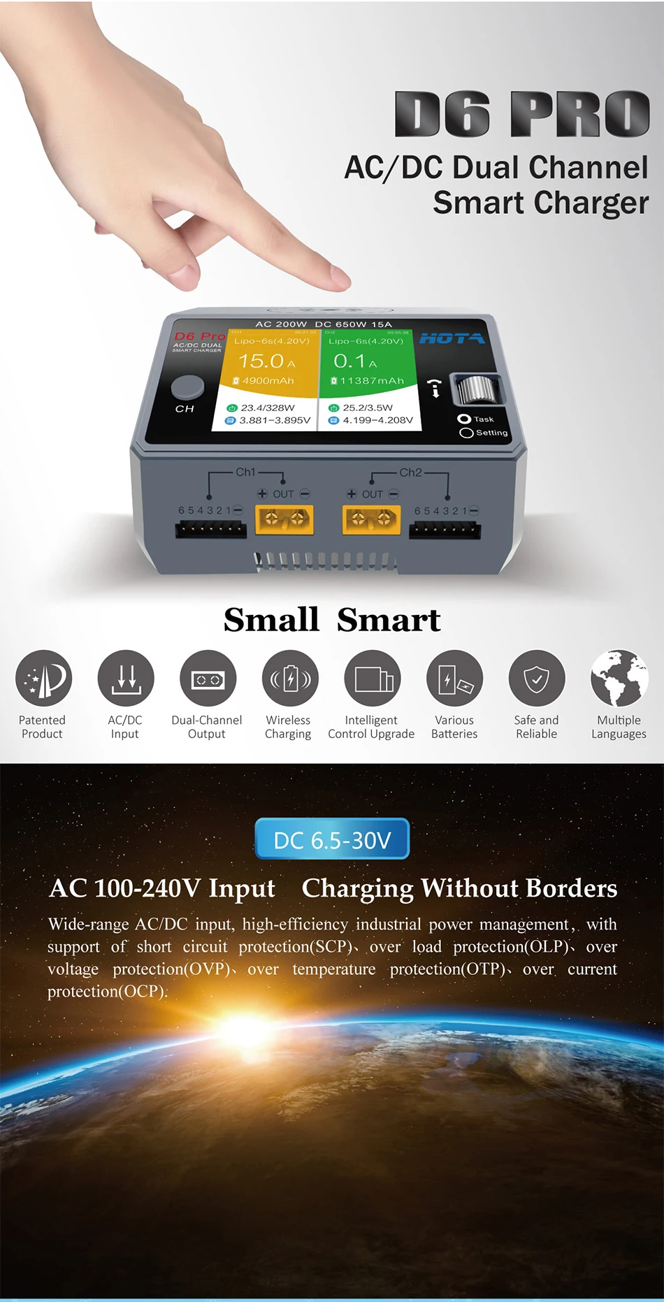 HOTA D6 Dual/Pro умное зарядное устройство AC200W DC650W 15A для lipo Liion NiMH батарея с iPhone samsung Беспроводная зарядка