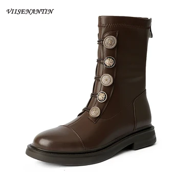 

Button Ankle Women Shoes Round Toe Metal Buckle Strap Flat Back Zipper Autumn Winter New Mid-tube Motorcycle Boots Chunky Shoes